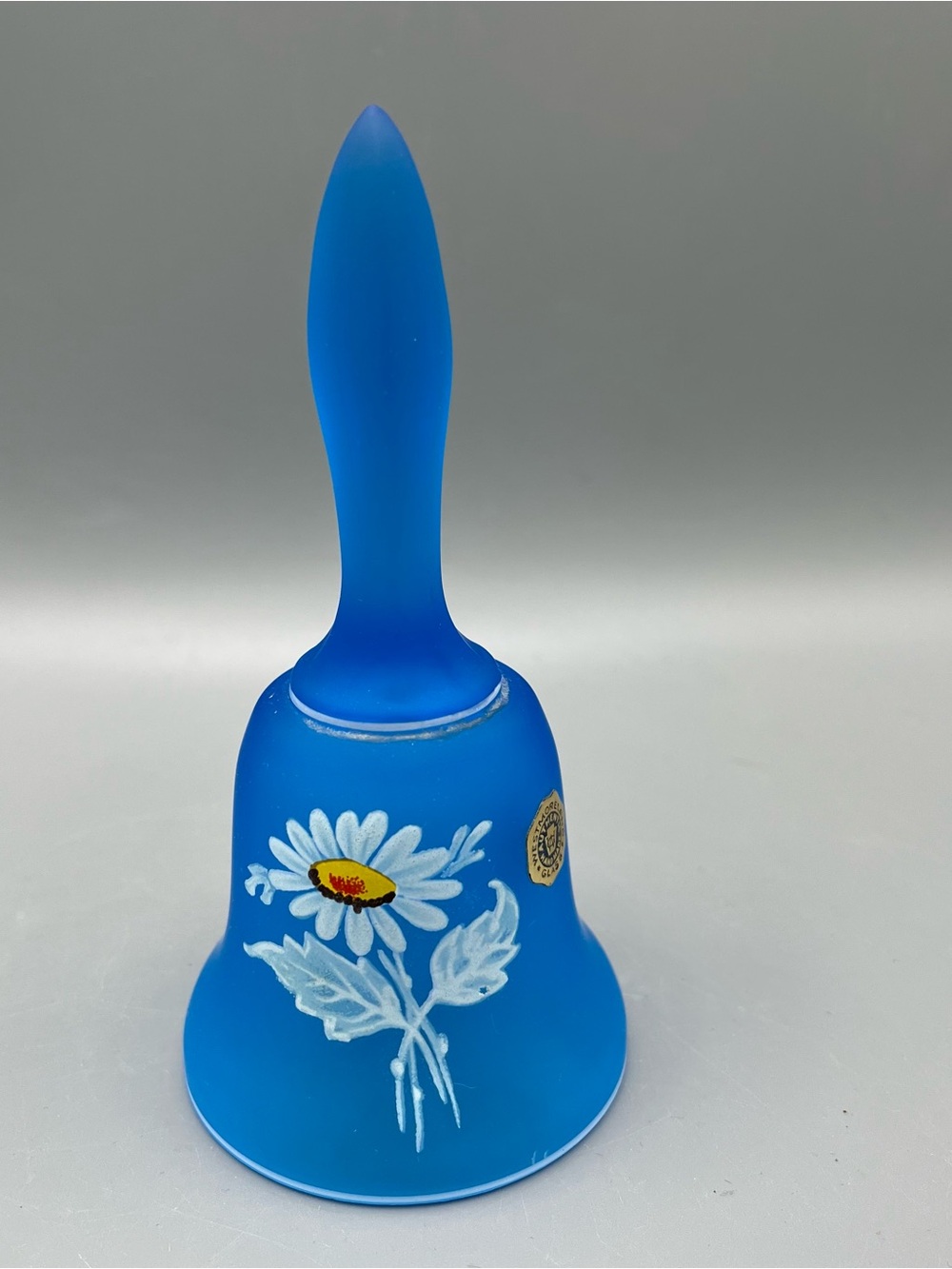 Vintage Westmoreland Blue Satin Glass Bell with Hand Painted Daisies 5"